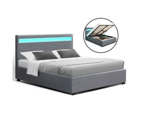 Artiss Bedframe LED Fabric Bed Frame Gas Lift Base With Storage - Grey