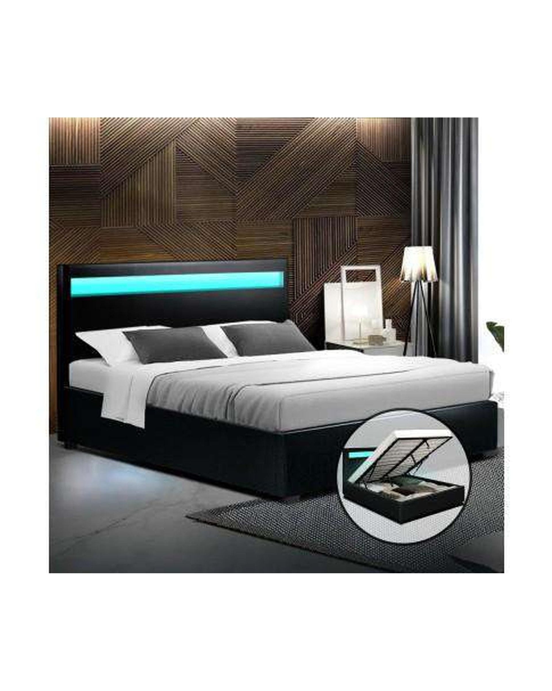 Artiss Bedframe LED Leather Bed Frame Gas Lift Base With Storage -  Black