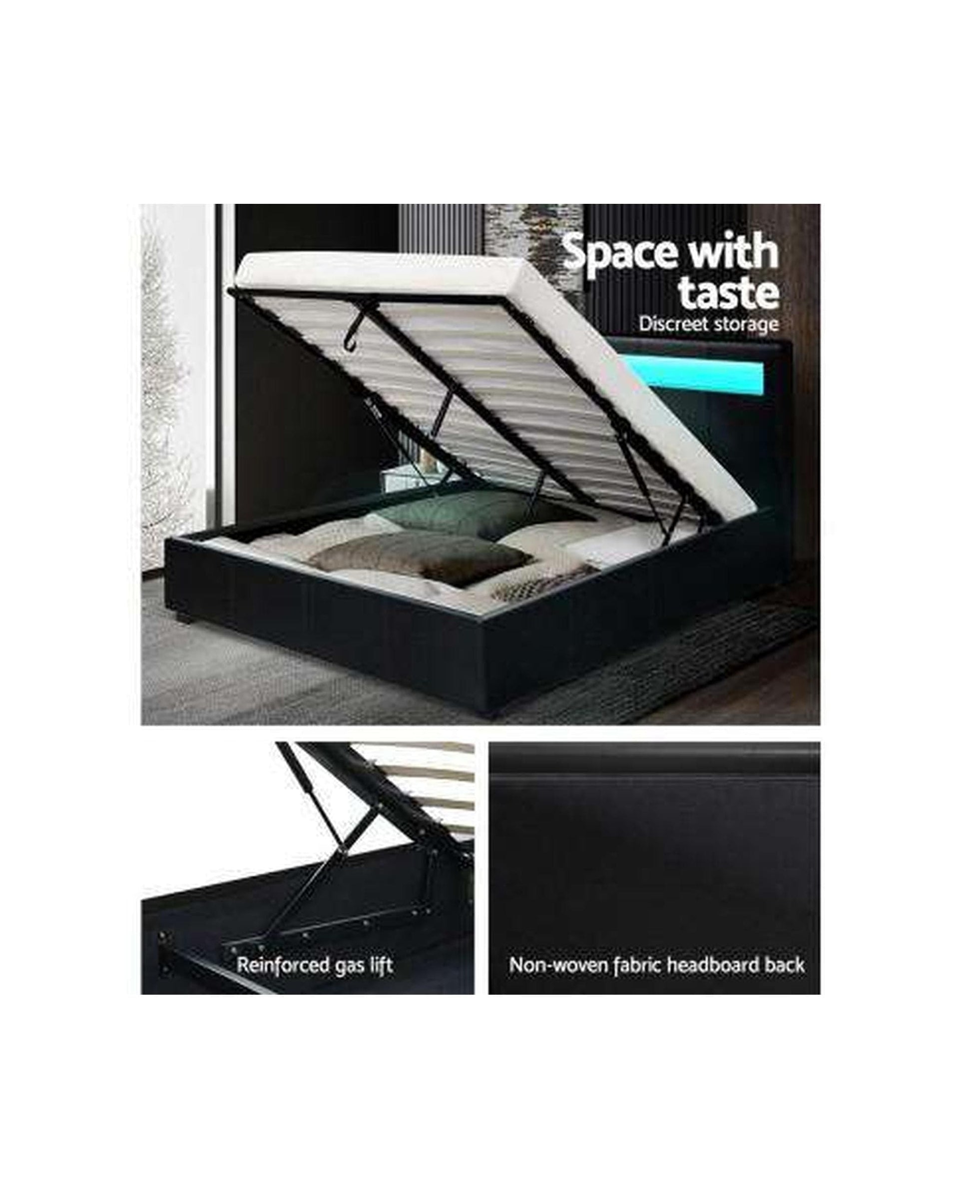 Artiss Bedframe LED Leather Bed Frame Gas Lift Base With Storage -  Black