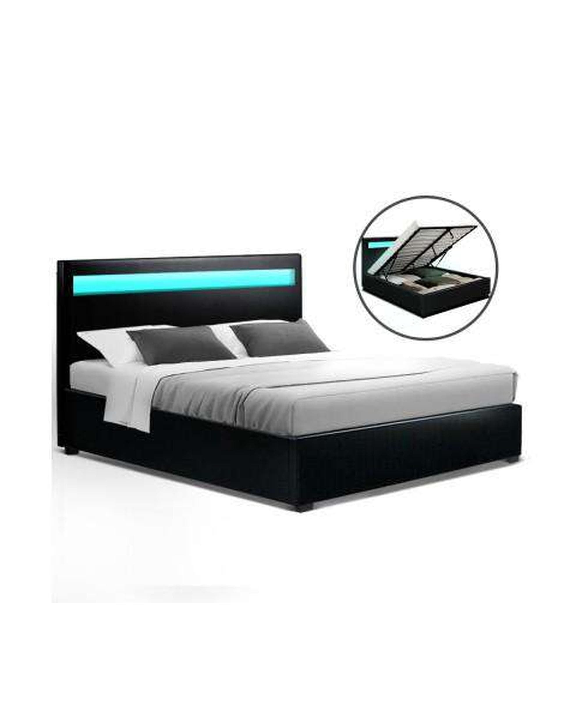 Artiss Bedframe LED Leather Bed Frame Gas Lift Base With Storage -  Black