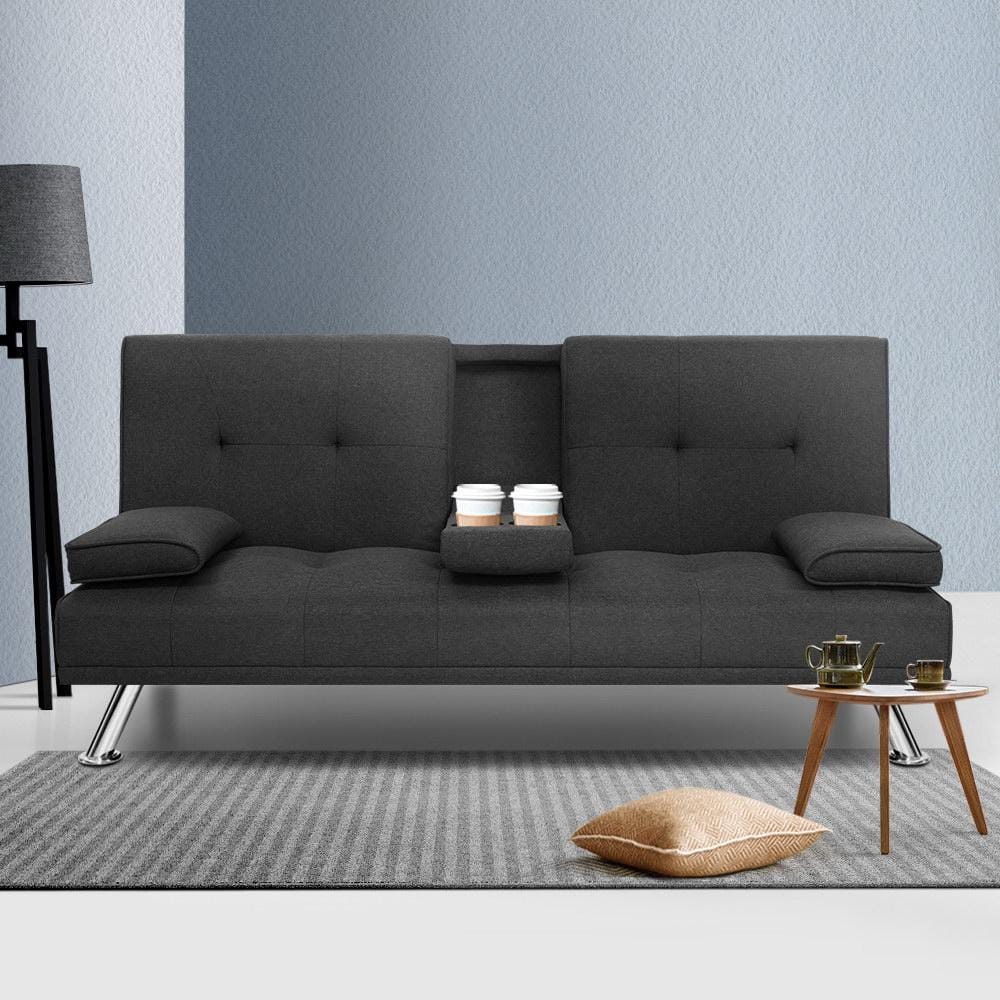 Artiss Sofa Linen Fabric 3 Seater Sofa Bed Recliner Lounge Couch Cup Holder Futon Dark Grey
