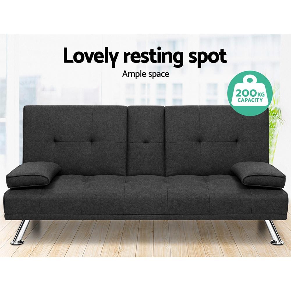 Artiss Sofa Linen Fabric 3 Seater Sofa Bed Recliner Lounge Couch Cup Holder Futon Dark Grey