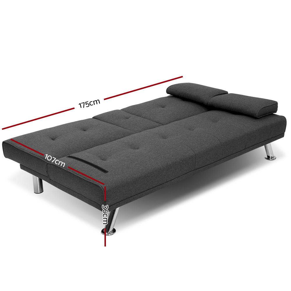 Artiss Sofa Linen Fabric 3 Seater Sofa Bed Recliner Lounge Couch Cup Holder Futon Dark Grey