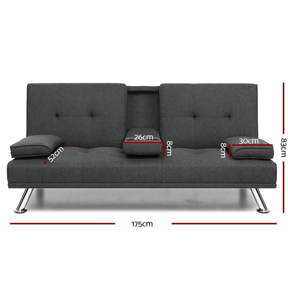 Artiss Sofa Linen Fabric 3 Seater Sofa Bed Recliner Lounge Couch Cup Holder Futon Dark Grey