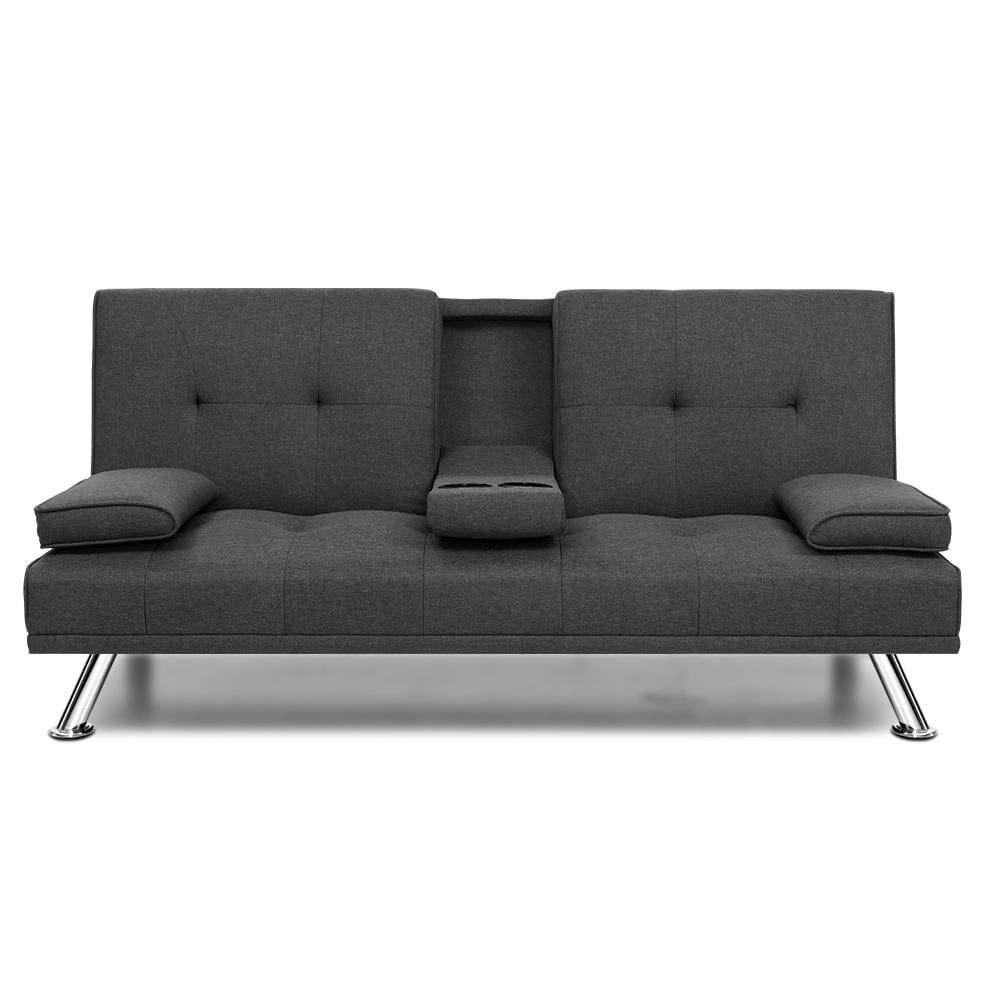 Artiss Sofa Linen Fabric 3 Seater Sofa Bed Recliner Lounge Couch Cup Holder Futon Dark Grey