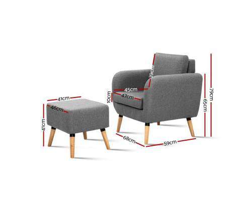 Artiss Accent Chair Lounge Chair Armchair with Ottoman Tub Accent Sofa Linen Fabric Grey