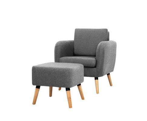 Artiss Accent Chair Lounge Chair Armchair with Ottoman Tub Accent Sofa Linen Fabric Grey