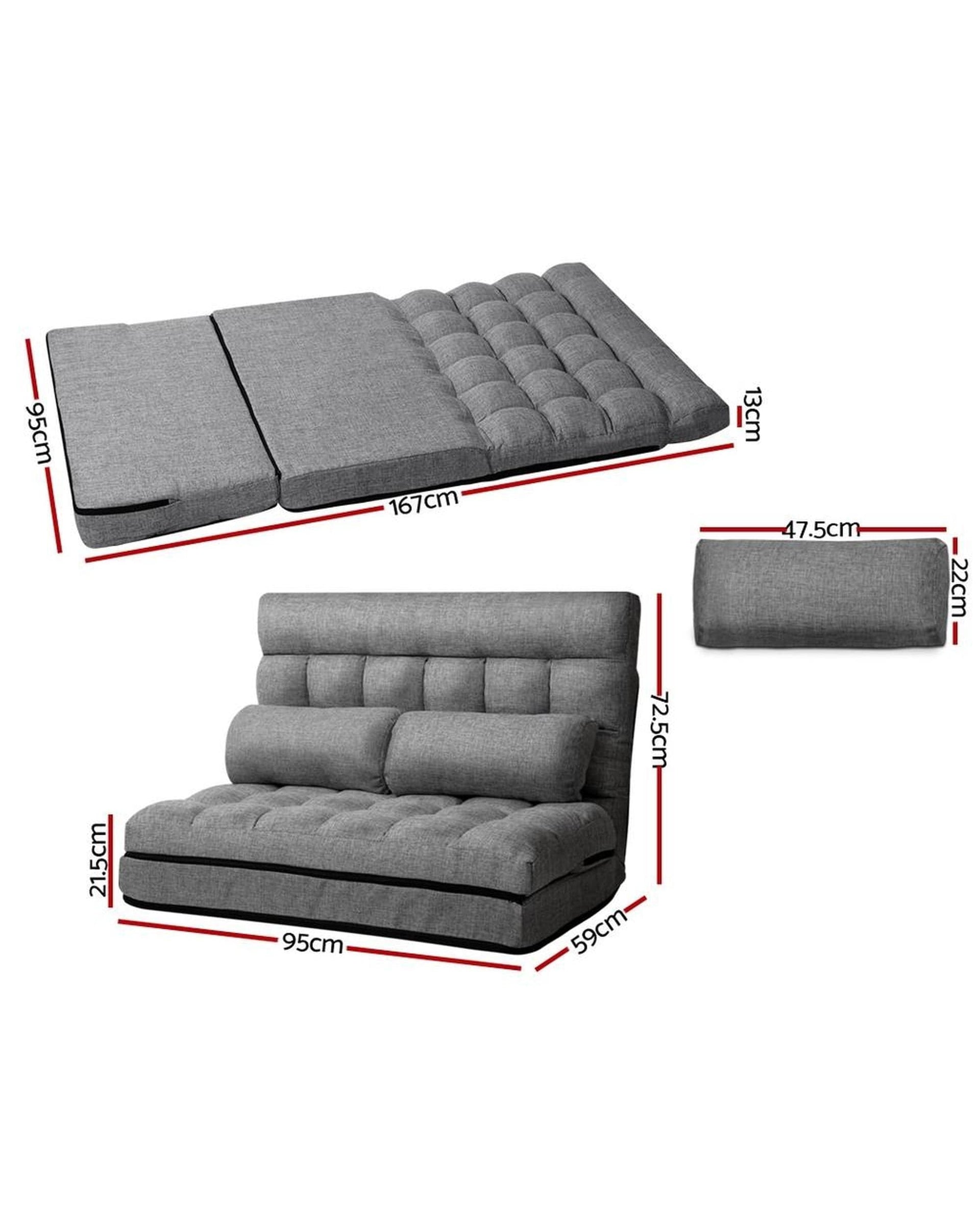 Artiss Sofa Lounge Sofa Bed 2-seater Floor Folding Fabric Grey