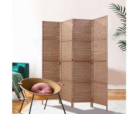 Artiss Room Divider Rattan 4 Panel Foldable Wooden Room Divider - Brown