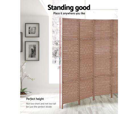 Artiss Room Divider Rattan 4 Panel Foldable Wooden Room Divider - Brown