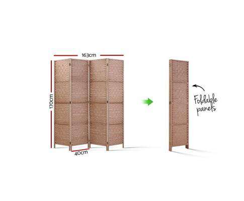 Artiss Room Divider Rattan 4 Panel Foldable Wooden Room Divider - Brown