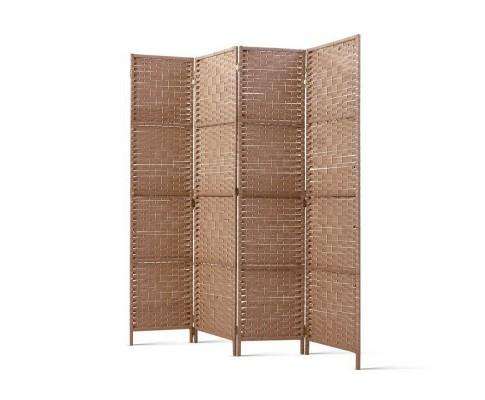 Artiss Room Divider Rattan 4 Panel Foldable Wooden Room Divider - Brown