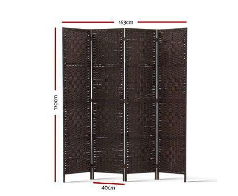 Artiss Room Divider Rattan 4 Panel Foldable Wooden Room Divider - Brown
