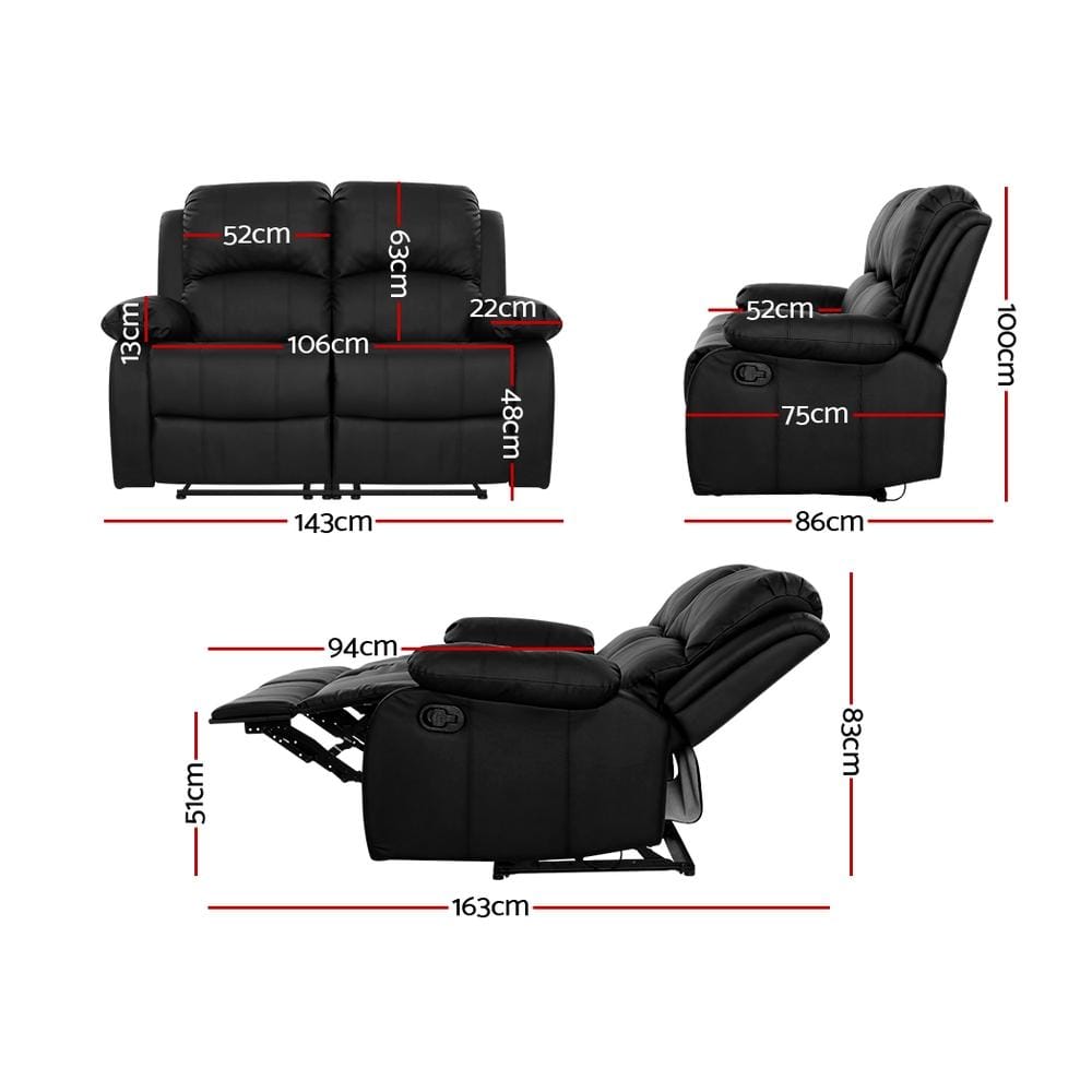 Artiss Sofa Recliner Chair 2-Seater Premium Leather Double Lounge Sofa Couch Black