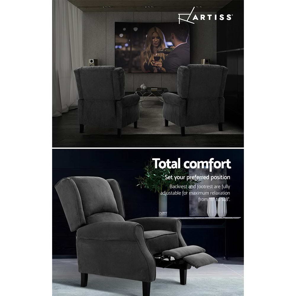 Artiss Accent Chair Recliner Chair Adjustable Sofa Lounge Soft Suede Armchair Couch Charcoal
