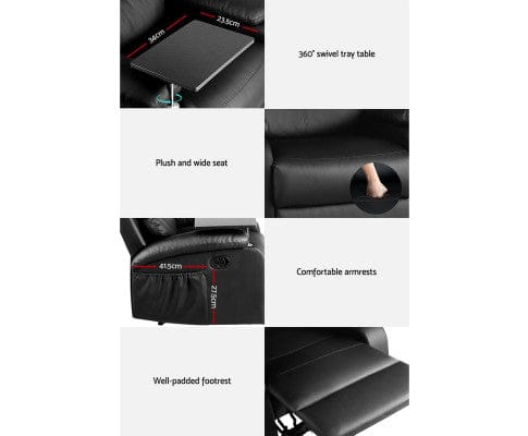 Artiss Massage Chair Recliner Chair Armchair Lounge Sofa Chairs Couch Leather Black Tray Table