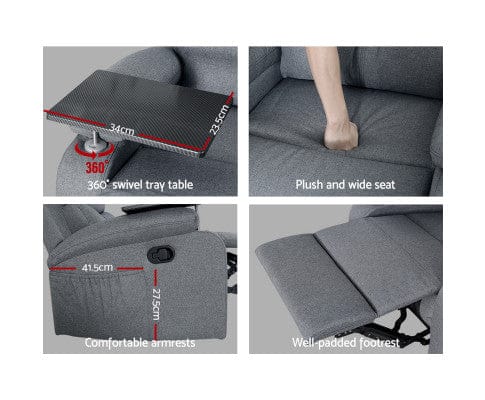 Artiss Massage Chair Recliner Chair Lounge Sofa Armchair Chairs Couch Fabric Grey Tray Table