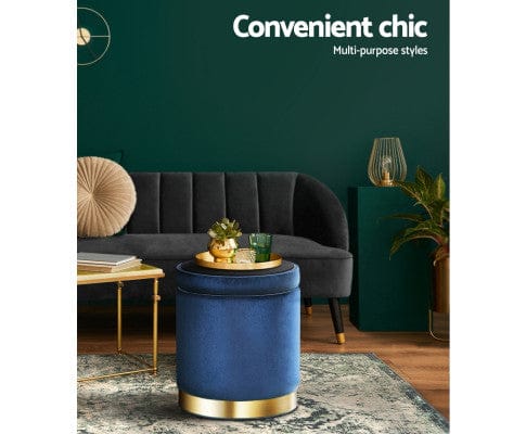 Artiss Ottoman Round Velvet Ottoman Foot Stool Foot Rest Pouffe Pouf Padded Seat Living Room - Navy
