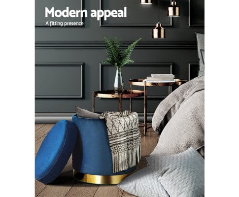 Artiss Ottoman Round Velvet Ottoman Foot Stool Foot Rest Pouffe Pouf Padded Seat Living Room - Navy
