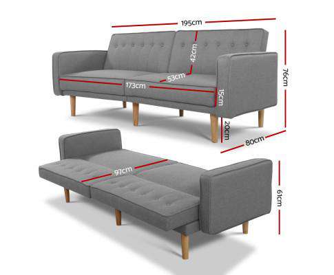Artiss Sofa Sofa Bed Lounge 3 Seater Futon Couch Recline Chair Wooden 195cm Fabric