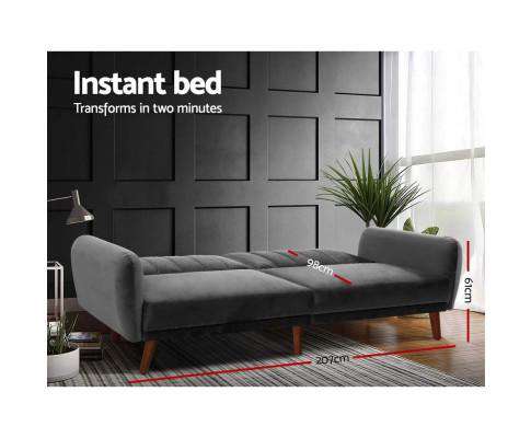 Artiss Sofa Sofa Bed Lounge 3 Seater Futon Couch Recline Chair Wooden 207cm Velvet - Dark rey