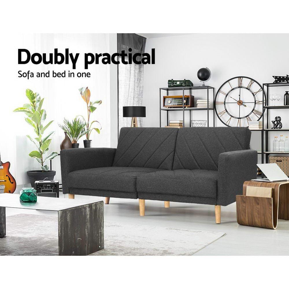 Artiss Sofa Sofa Bed Lounge 3 Seater Futon Couch Wood Furniture Dark Grey Fabric 193cm