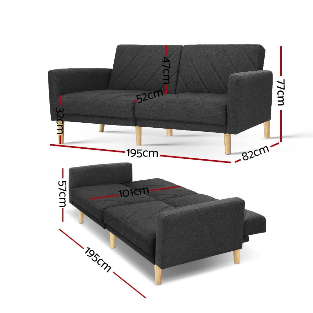 Artiss Sofa Sofa Bed Lounge 3 Seater Futon Couch Wood Furniture Dark Grey Fabric 193cm