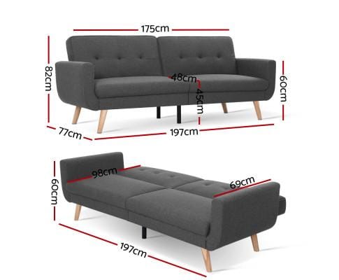 Artiss Sofa Sofa Bed Lounge Set Couch Futon 3 Seater Fabric Reliner 197cm Dark Grey