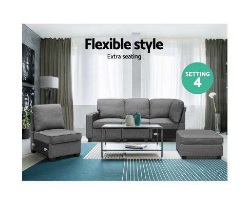 Artiss Sofa Sofa Lounge Set 5 Seater Modular Chaise Chair Suite Couch Fabric Grey
