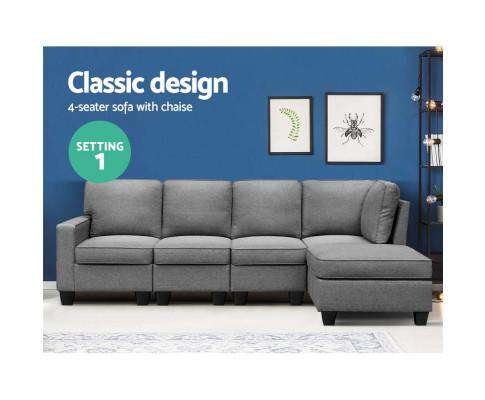 Artiss Sofa Sofa Lounge Set 5 Seater Modular Chaise Chair Suite Couch Fabric Grey