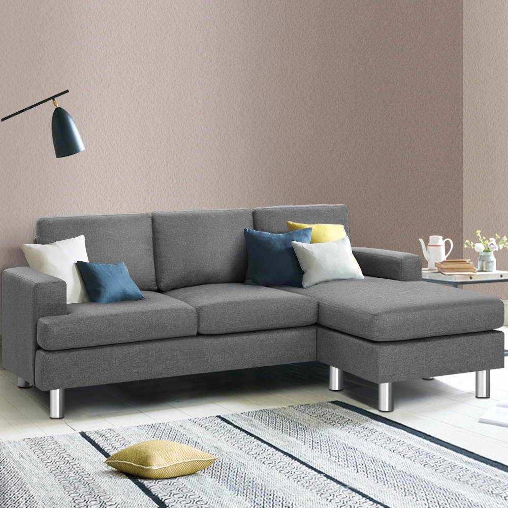 Artiss Sofa Sofa Lounge Set Couch Futon Corner Chaise Fabric 3 Seater Suite Grey
