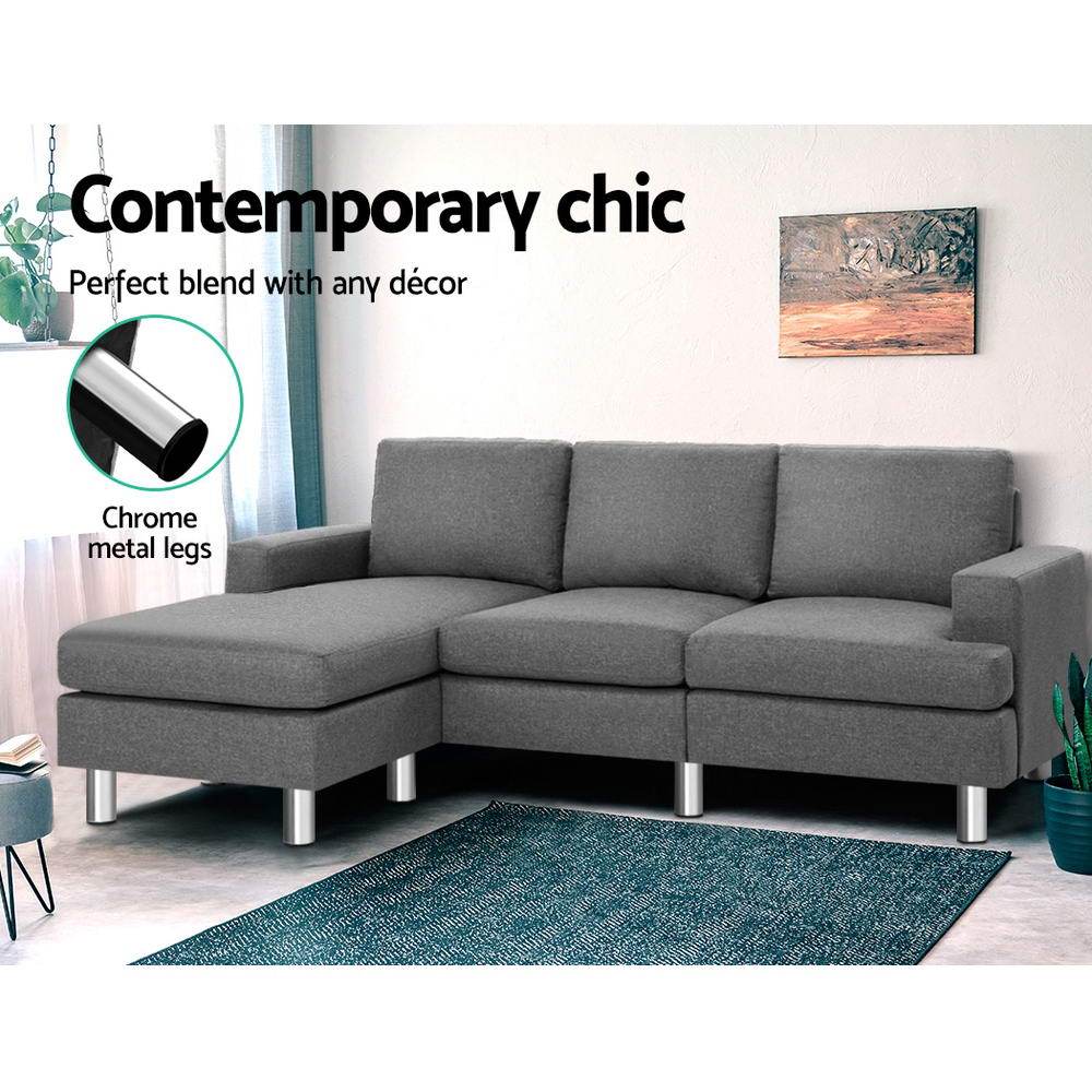 Artiss Sofa Sofa Lounge Set Couch Futon Corner Chaise Fabric 3 Seater Suite Grey