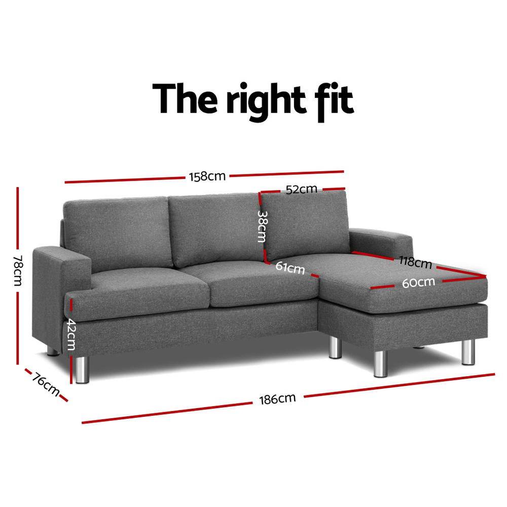 Artiss Sofa Sofa Lounge Set Couch Futon Corner Chaise Fabric 3 Seater Suite Grey