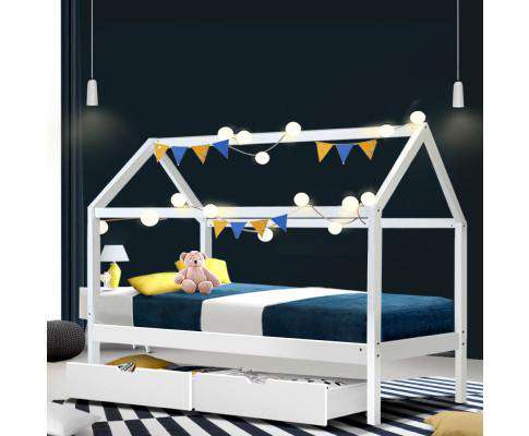 Artiss Bedframe Wooden Bed Frame Single Size Mattress Base Timber Platform Storage Drawers Pine Wood White