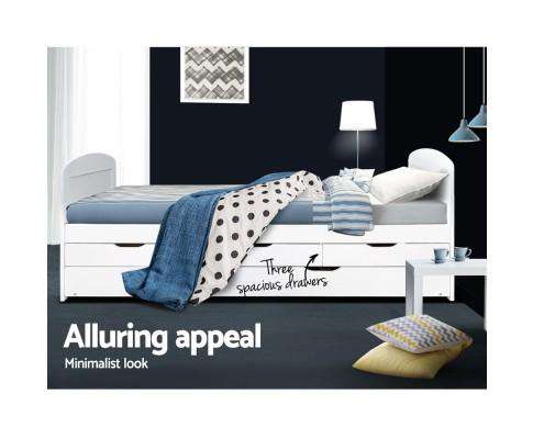 Artiss Bedframe Wooden Trundle Bed Frame - White