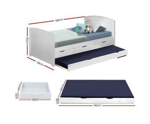 Artiss Bedframe Wooden Trundle Bed Frame - White