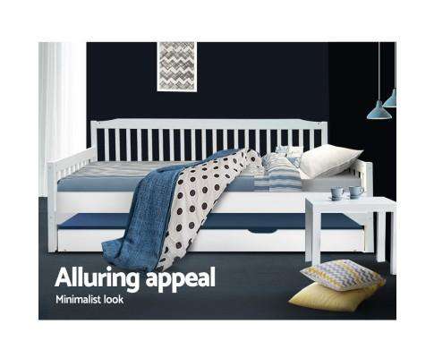 Artiss Bedframe Wooden Trundle Bed Frame - White