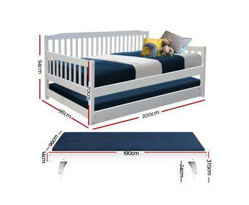 Artiss Bedframe Wooden Trundle Bed Frame - White