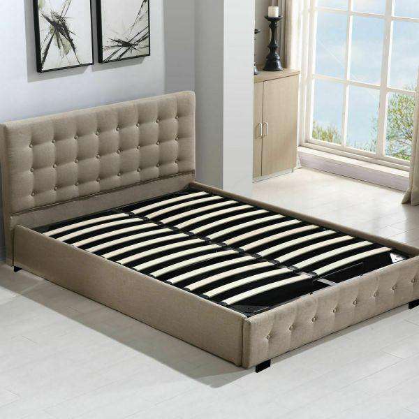 Gas Lift Storage Bed Frame Premium Fabric - Beige Levede
