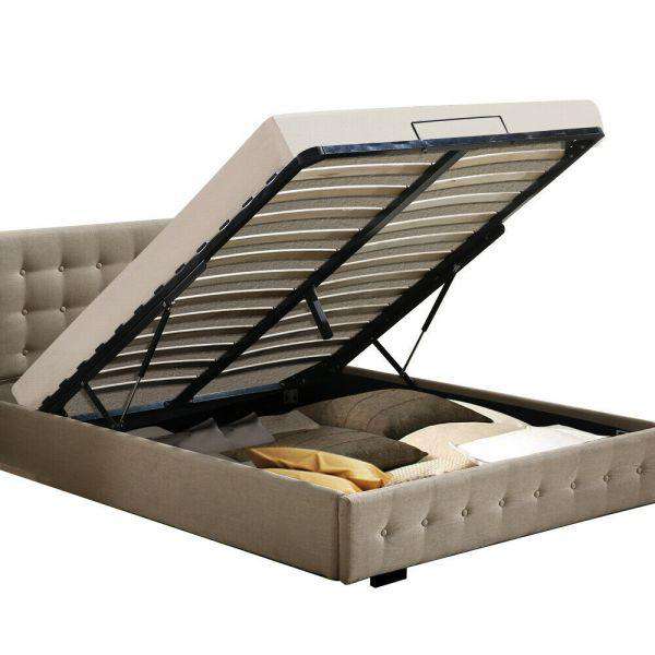 Gas Lift Storage Bed Frame Premium Fabric - Beige Levede