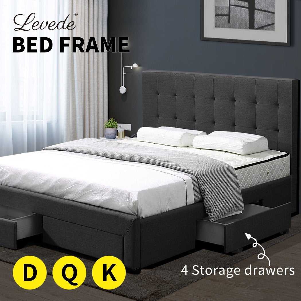 Bed Frame Base With Storage Drawer Mattress Wooden Fabric King Dark Grey Levede