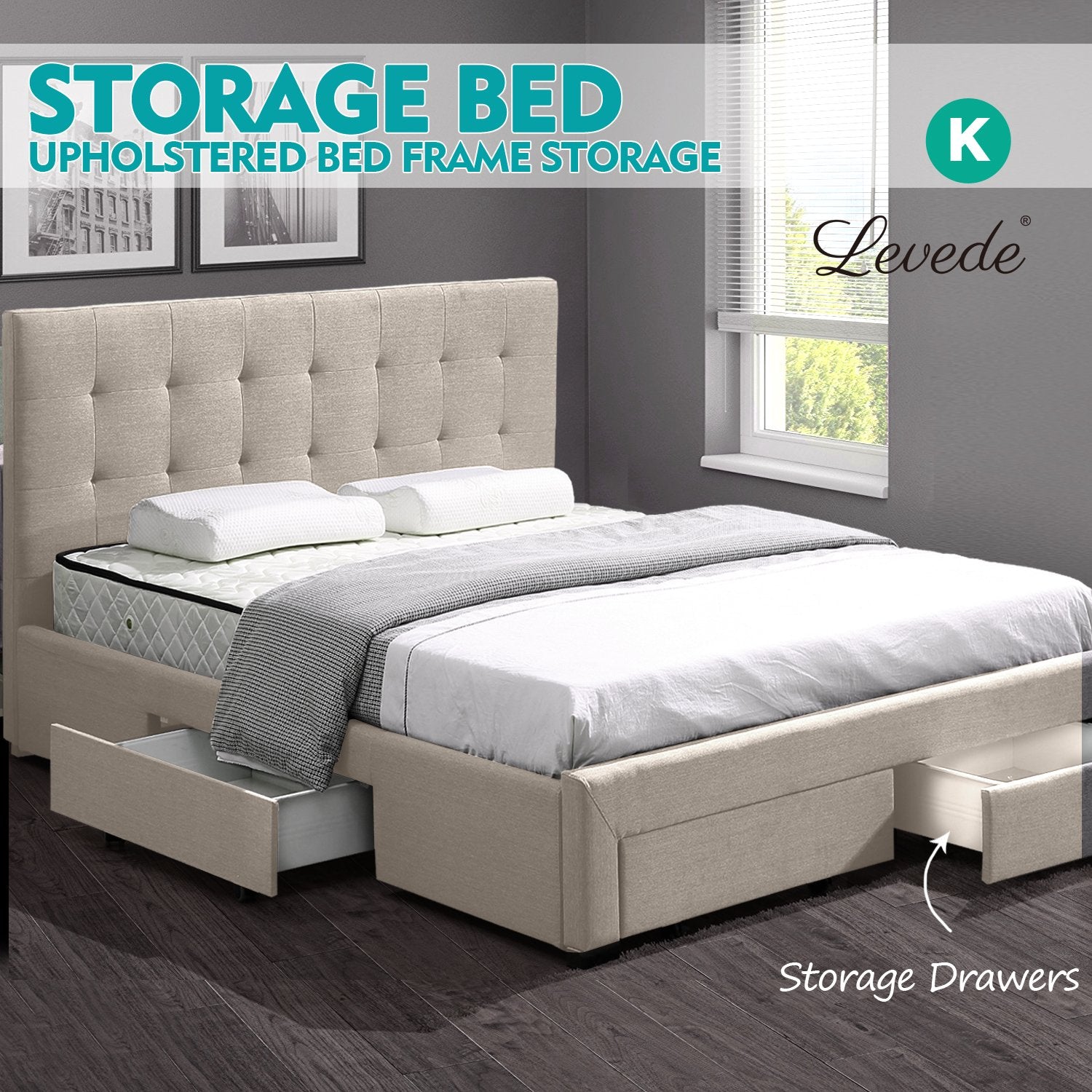 Bed Frame King Fabric With Drawers Storage Beige Levede