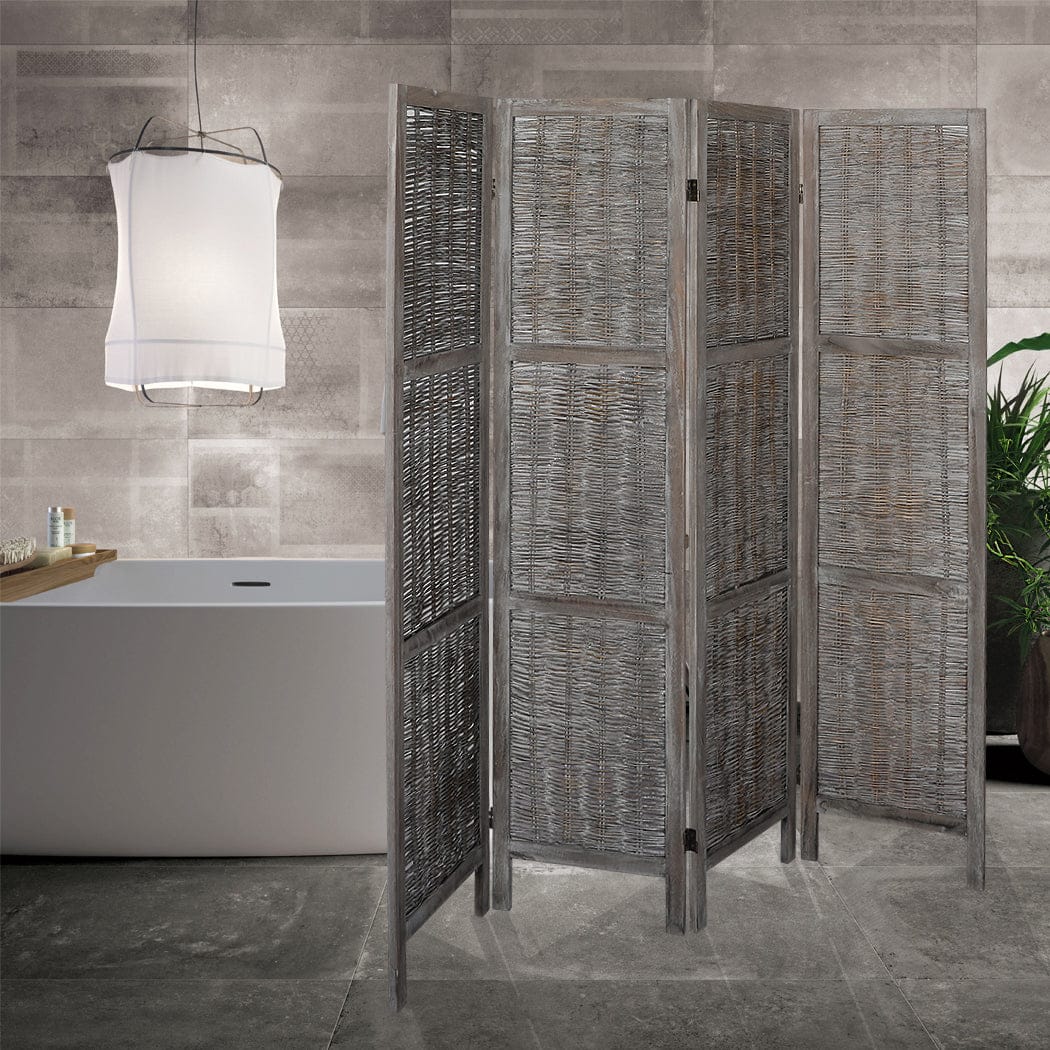 Big Bedding Australia Room Divider 4 Panels Room Divider Screen Privacy Rattan Timber Fold Woven Grey