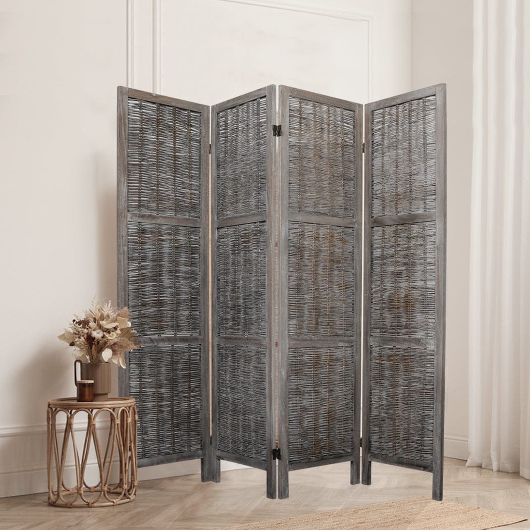 Big Bedding Australia Room Divider 4 Panels Room Divider Screen Privacy Rattan Timber Fold Woven Grey