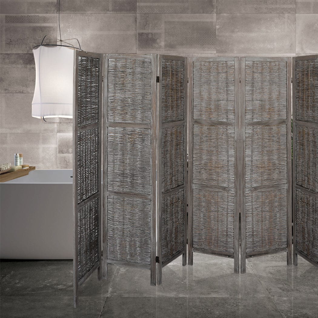 Big Bedding Australia Room Divider 6 Panels Room Divider Screen Privacy Rattan Timber Fold Woven Grey