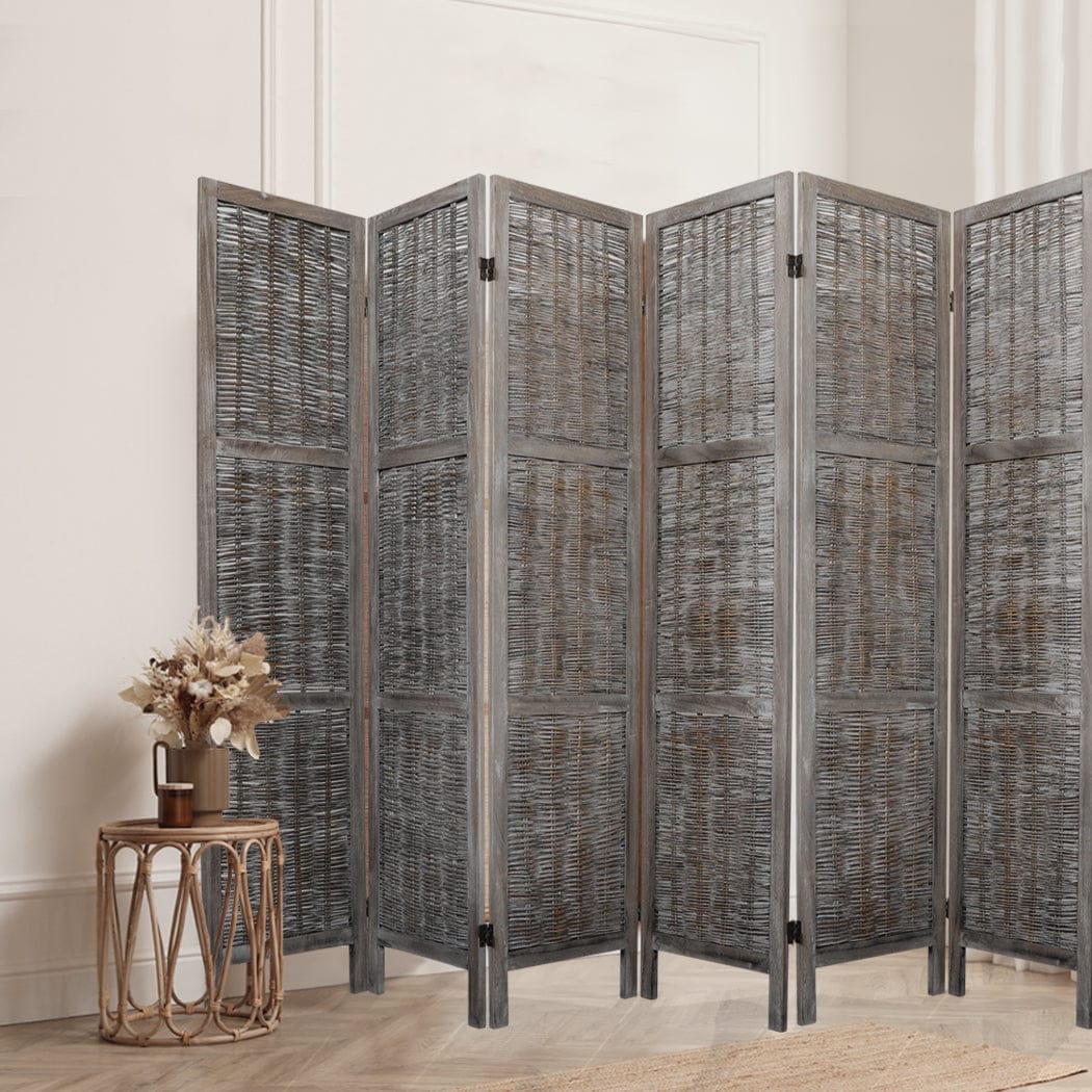 Big Bedding Australia Room Divider 6 Panels Room Divider Screen Privacy Rattan Timber Fold Woven Grey