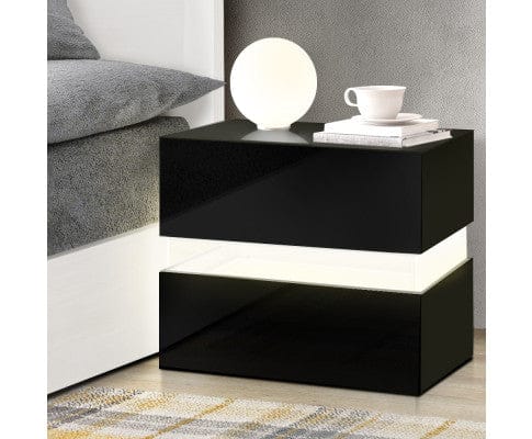 Big Bedding Australia Bedside Table Bedside Table 2 Drawers RGB LED Side Nightstand High Gloss Cabinet Black