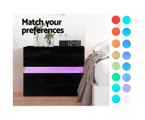 Big Bedding Australia Bedside Table Bedside Table 2 Drawers RGB LED Side Nightstand High Gloss Cabinet Black