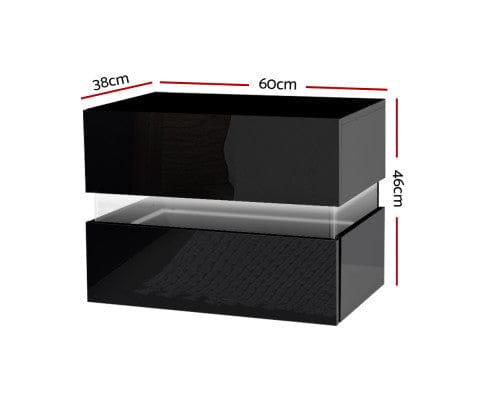 Big Bedding Australia Bedside Table Bedside Table 2 Drawers RGB LED Side Nightstand High Gloss Cabinet Black