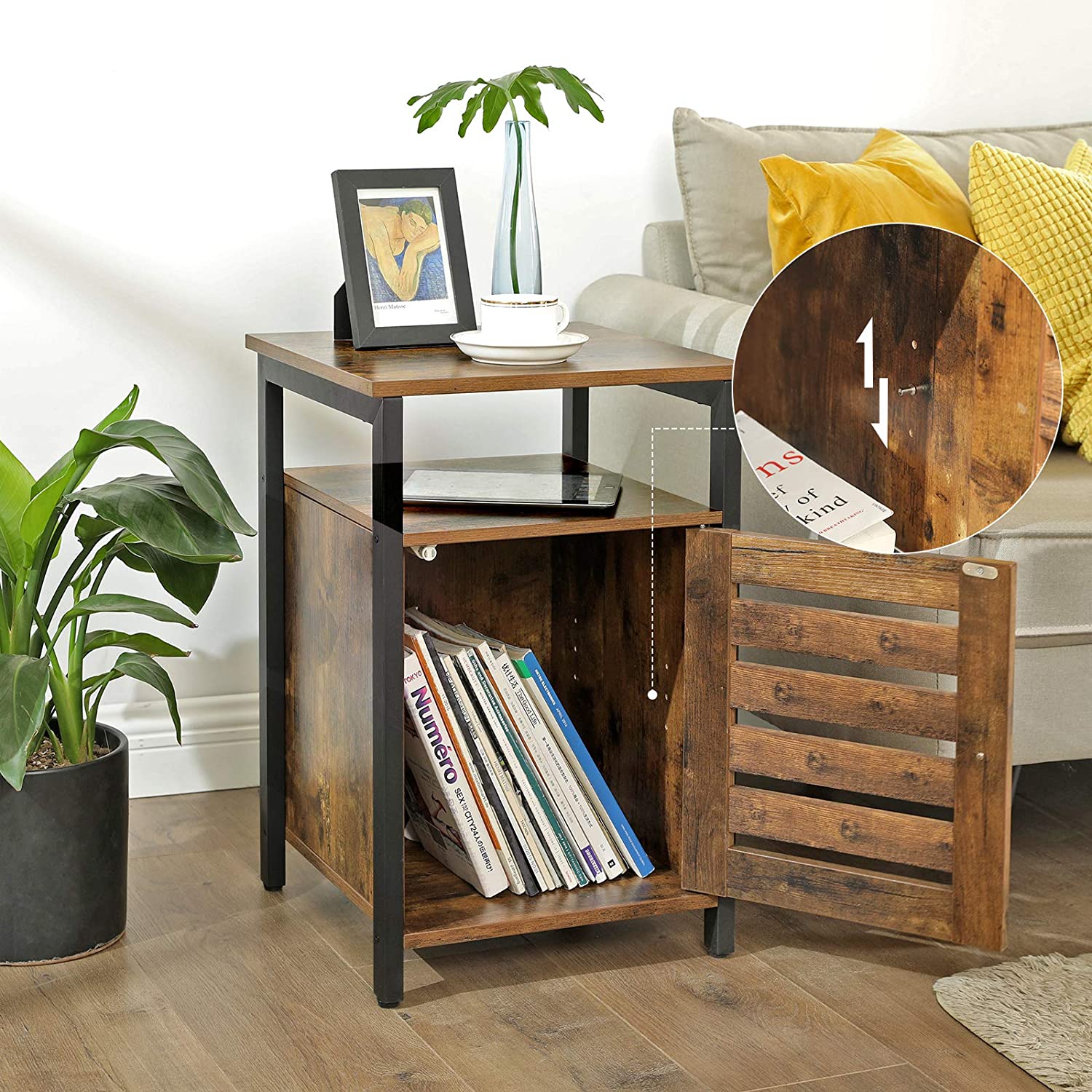 Big Bedding Australia Bedside Table Bedside Table with 2 Adjustable Shelves, Steel Frame, 40 x 40 x 60 cm,  Rustic Brown and Black